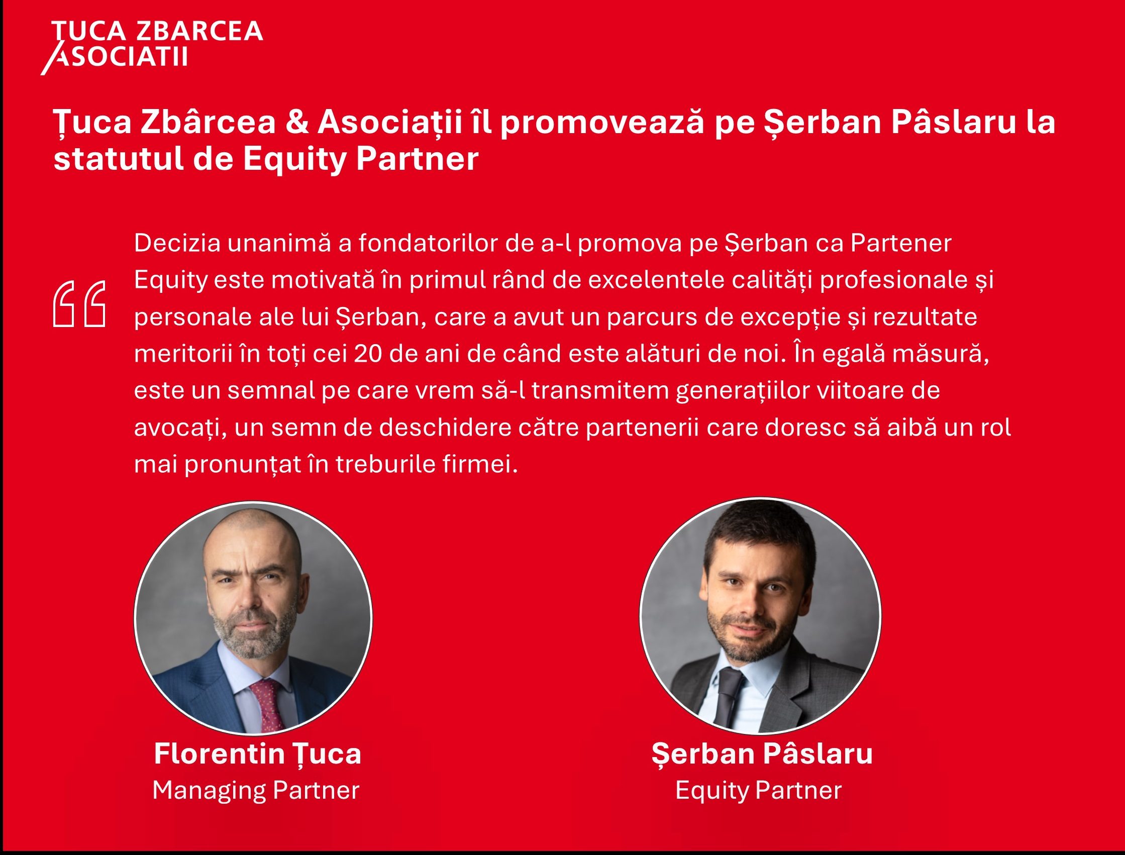 Țuca Zbârcea & Asociații promovează un nou Partener Equity în structura de conducere a firmei